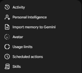 Gemini's settings menu