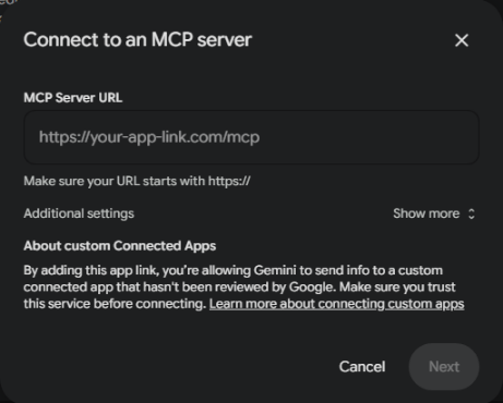 Gemini's Connect to an MCP server dialog