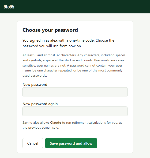 The second sign-in screen, choosing a password